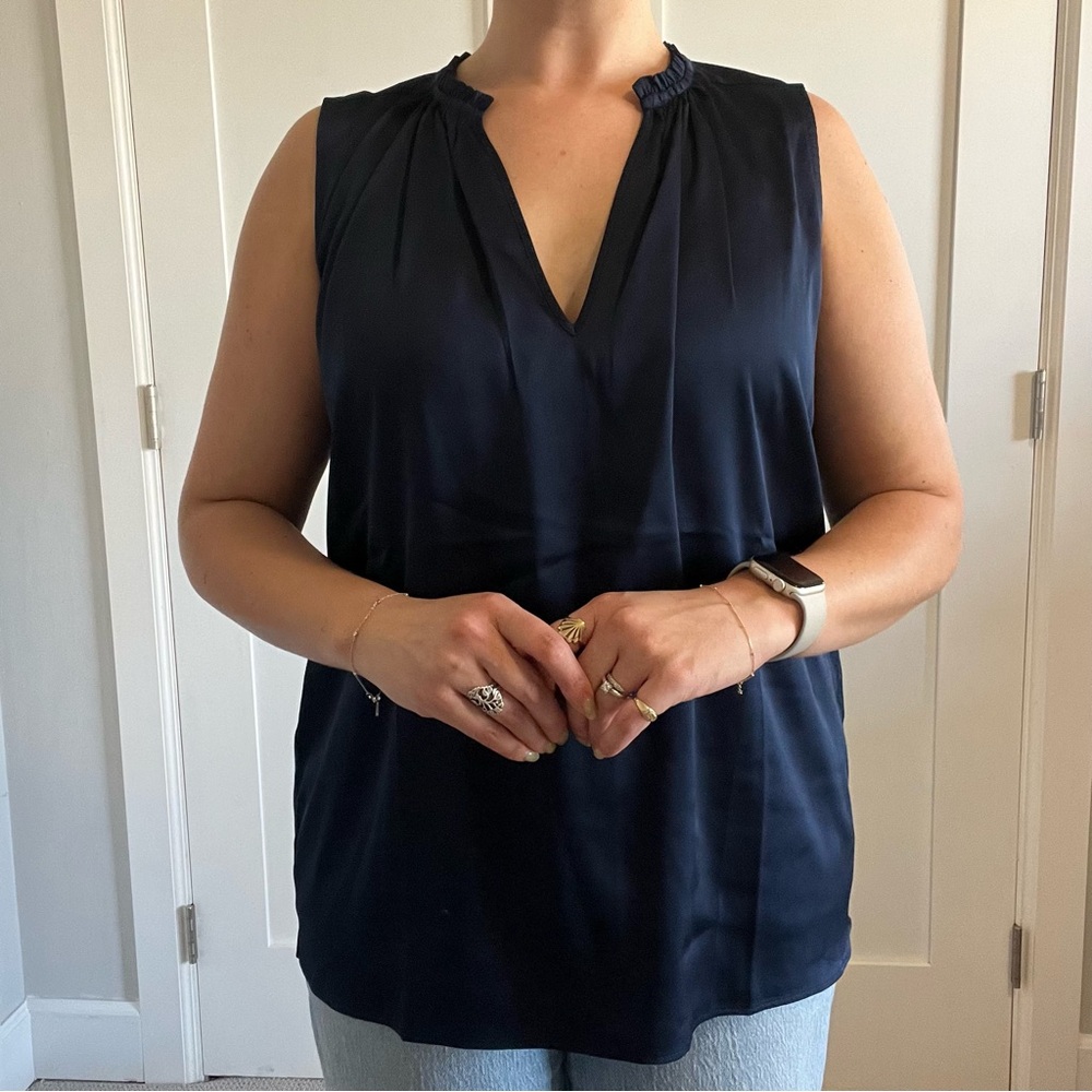 White House/Back Market Navy Blue Sleeveless Satin Top - Large